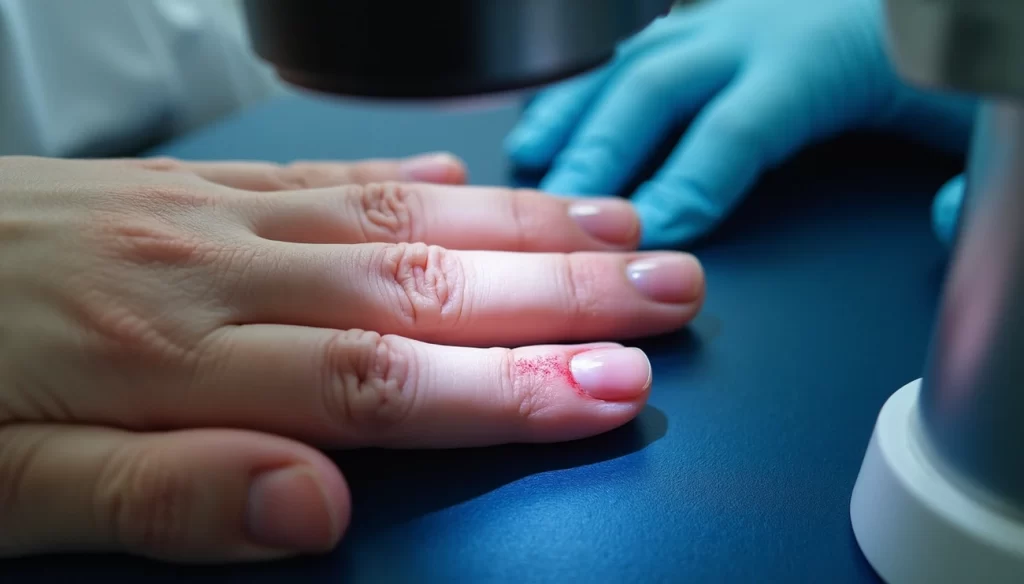 Finger with raynaud's undergoing capillaroscopy