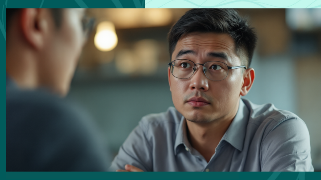 Man with glasses listening empathetically during a serious conversation about chronic illness and autoimmune disease.