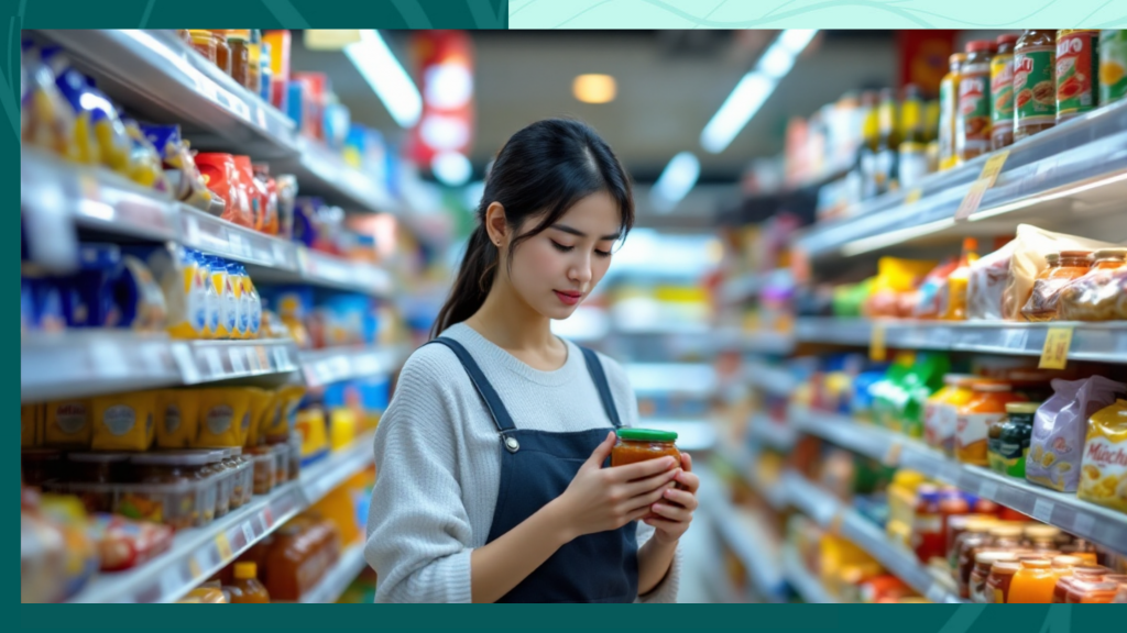 Woman reading food label in a supermarket, checking ingredients for allergens.