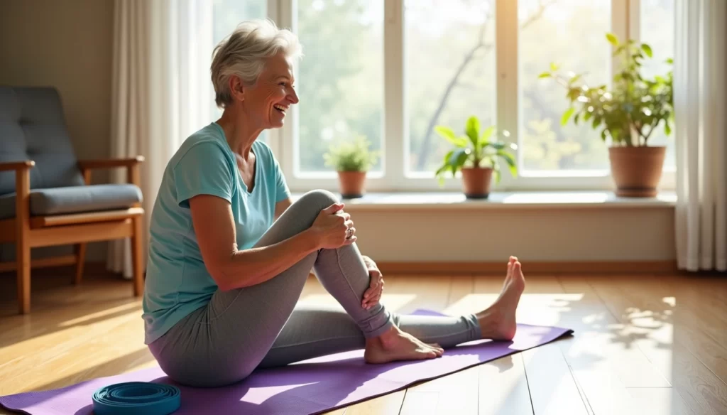 Smiling senior woman practicing yoga and stretching on a mat at home, promoting joint health and mobility.
