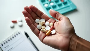 Managing Medication Side Effects in Lupus (SLE) | Aaria Rheumatology Hand holding a variety of prescription pills with a pill organizer and notepad in the background, illustrating SLE medication management.