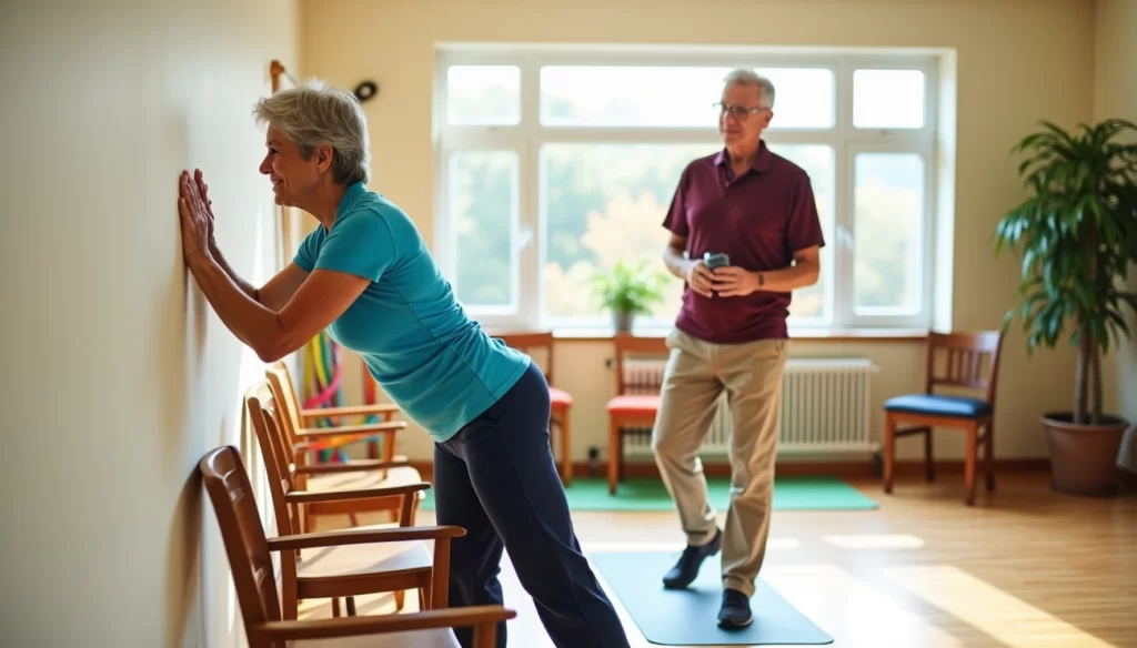 Senior woman doing wall push-up exercise with supervision in a fitness class for beginners