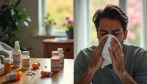 Warning Signs Your Allergy Medicine Has Stopped Working | Aaria Rheumatology Man sneezing while surrounded by allergy medications on a table, showing signs of antihistamines losing effectiveness