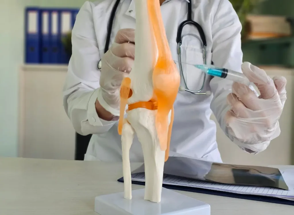 Rheumatologist performed injection on knee joint model