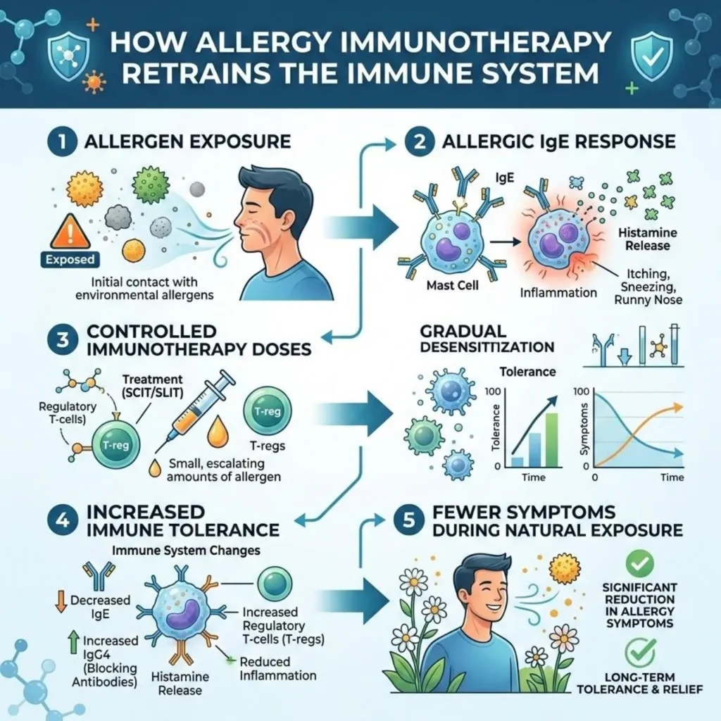 Infographic depicting how allergy immunotherapy retrains the immune system