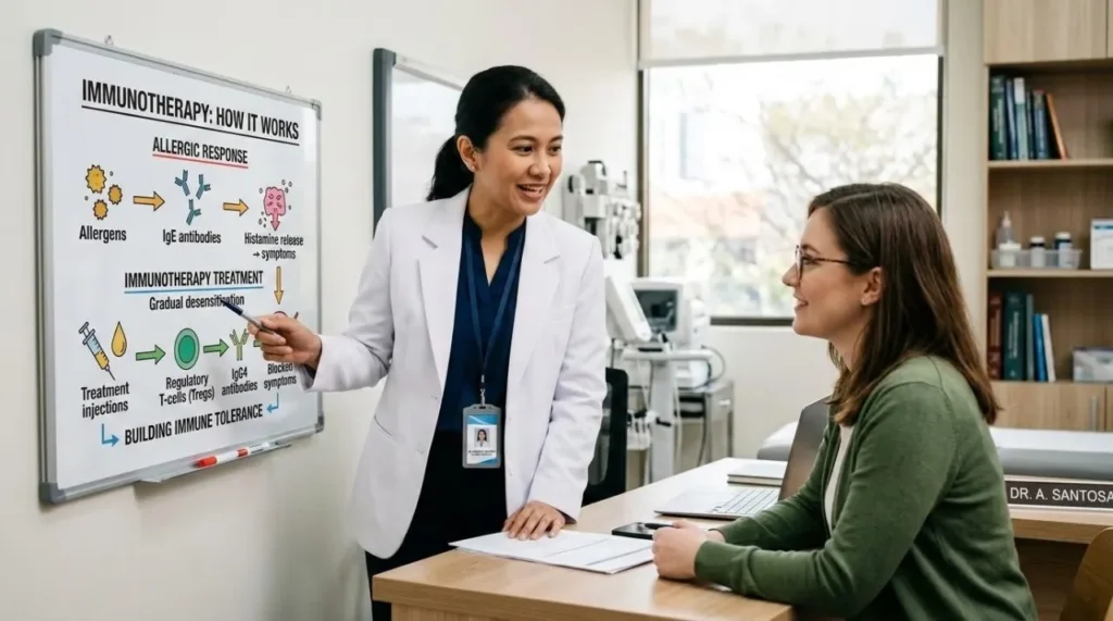 Allergy immunotherapy consultation explaining how treatment builds immune tolerance
