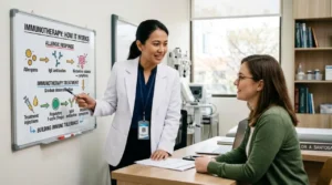 Allergy immunotherapy consultation explaining how treatment builds immune tolerance